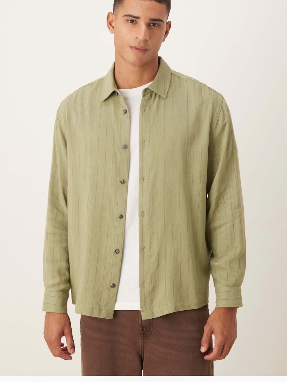 ASOS Light Olive Green Vertical-Stripe Button-Down Shirt